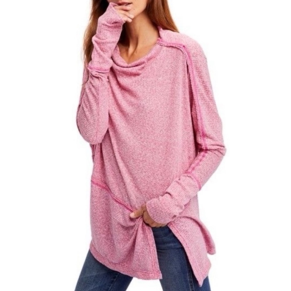 We The Free Londontown Thermal Pink Cowl Neck Top Small Oversized Cozy Soft
